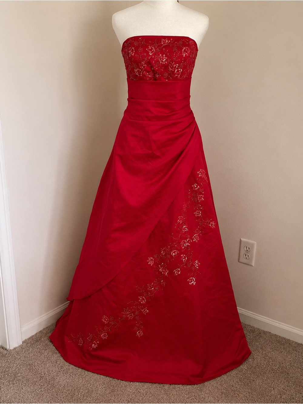 Jodi Kristopher Strapless Red beaded Prom Gown